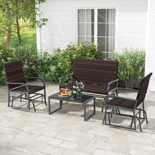 4 Piece Patio Gliding Set Wicker Swing Glider Furniture Set All Weather witrh Tempered Glass Coffee Table-Brown - Tampa Home & Garden Store
