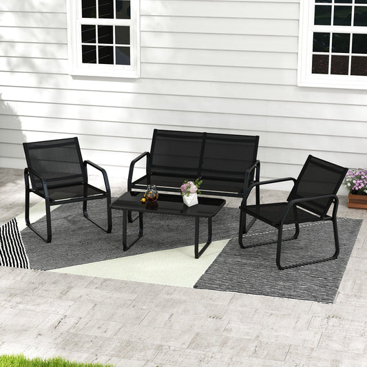 4 Pieces Patio Conversation Set with Breathable Fabric Seat and Tempered Glass Tabletop-Black - Tampa Home & Garden Store