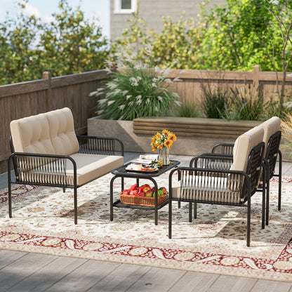 4 Pieces Patio Furniture Set PE Rattan Sofa Chairs with Loveseat-Beige - Tampa Home & Garden Store