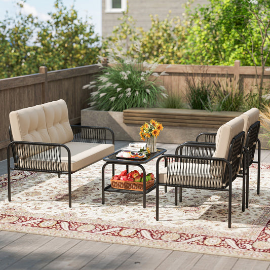 4 Pieces Patio Furniture Set PE Rattan Sofa Chairs with Loveseat-Beige - Tampa Home & Garden Store