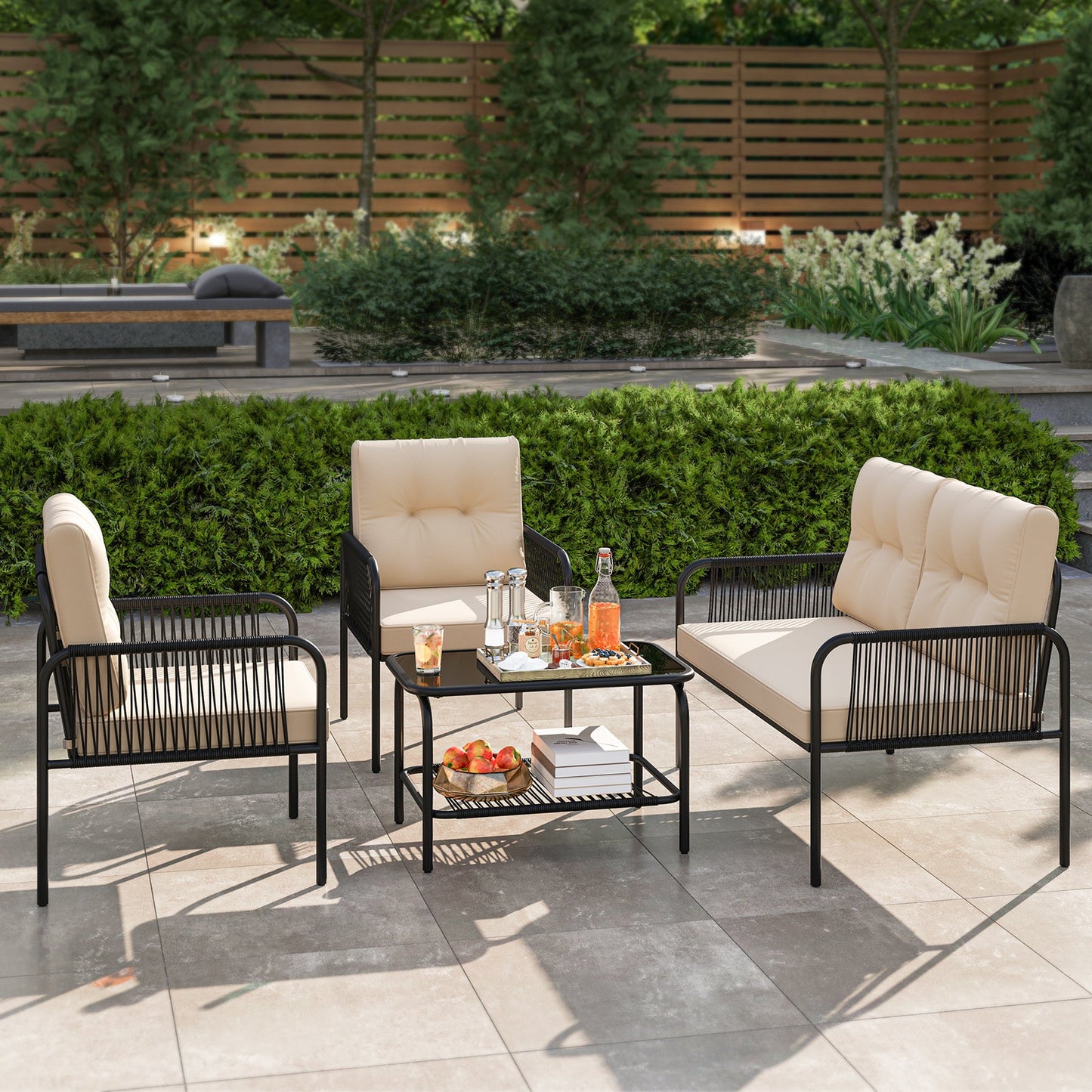 4 Pieces Patio Furniture Set PE Rattan Sofa Chairs with Loveseat-Beige - Tampa Home & Garden Store