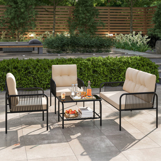 4 Pieces Patio Furniture Set PE Rattan Sofa Chairs with Loveseat-Beige - Tampa Home & Garden Store