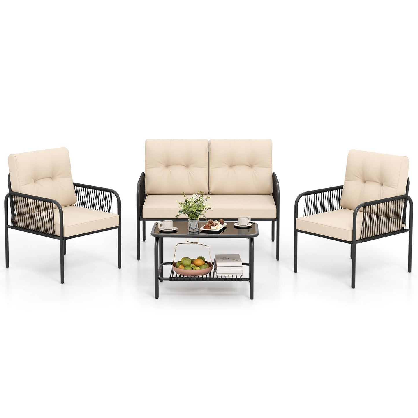 4 Pieces Patio Furniture Set PE Rattan Sofa Chairs with Loveseat-Beige - Tampa Home & Garden Store