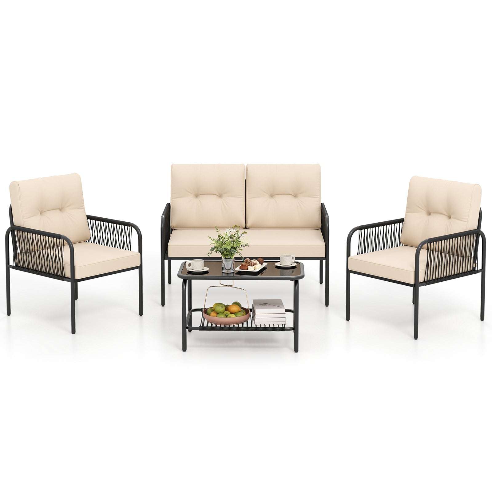 4 Pieces Patio Furniture Set PE Rattan Sofa Chairs with Loveseat-Beige - Tampa Home & Garden Store