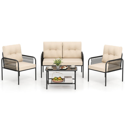 4 Pieces Patio Furniture Set PE Rattan Sofa Chairs with Loveseat-Beige - Tampa Home & Garden Store