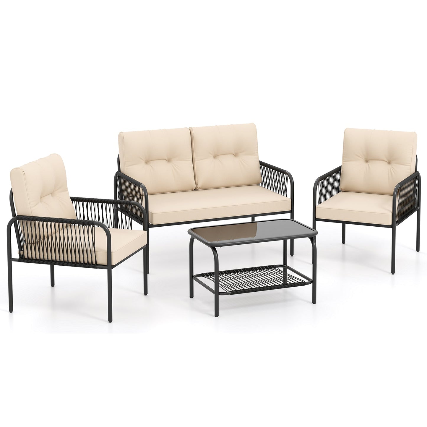 4 Pieces Patio Furniture Set PE Rattan Sofa Chairs with Loveseat-Beige - Tampa Home & Garden Store