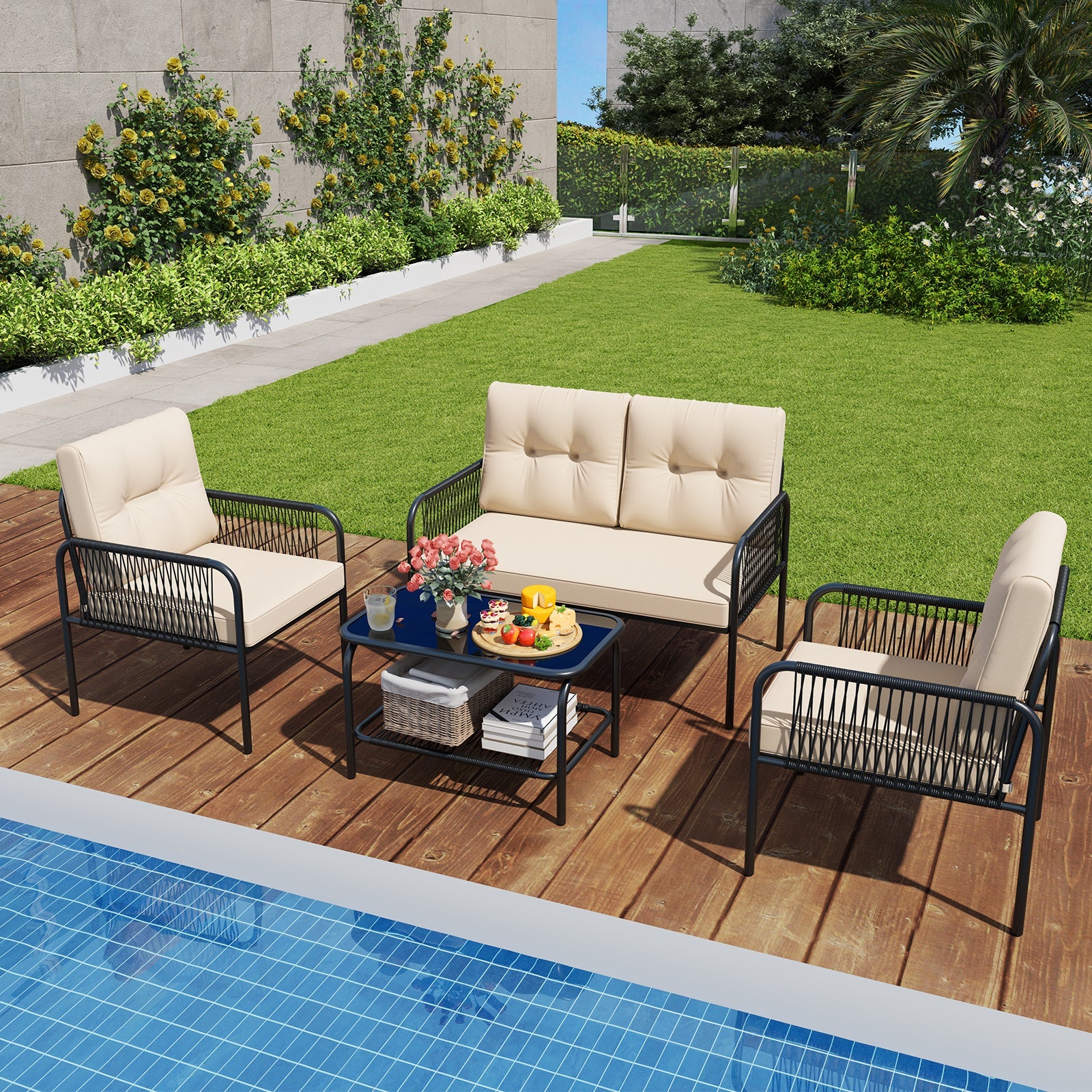 4 Pieces Patio Furniture Set PE Rattan Sofa Chairs with Loveseat-Beige - Tampa Home & Garden Store