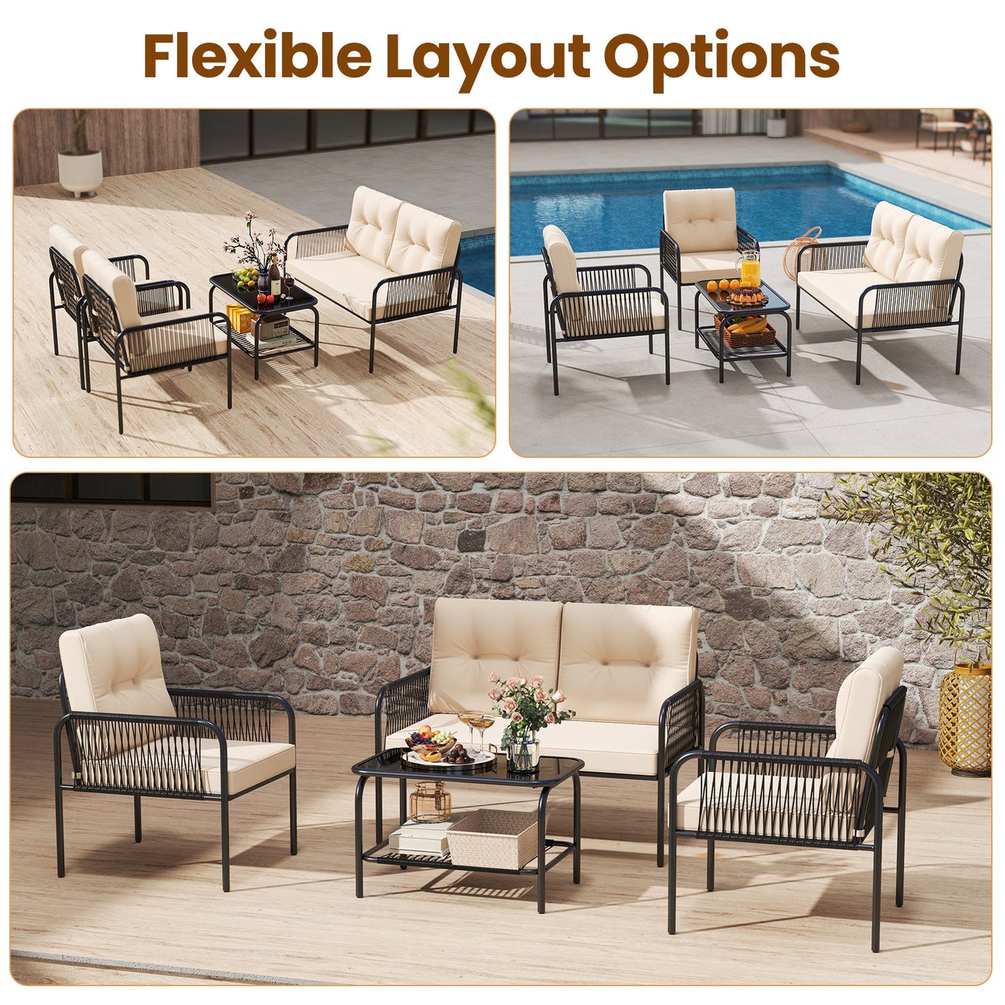4 Pieces Patio Furniture Set PE Rattan Sofa Chairs with Loveseat-Beige - Tampa Home & Garden Store