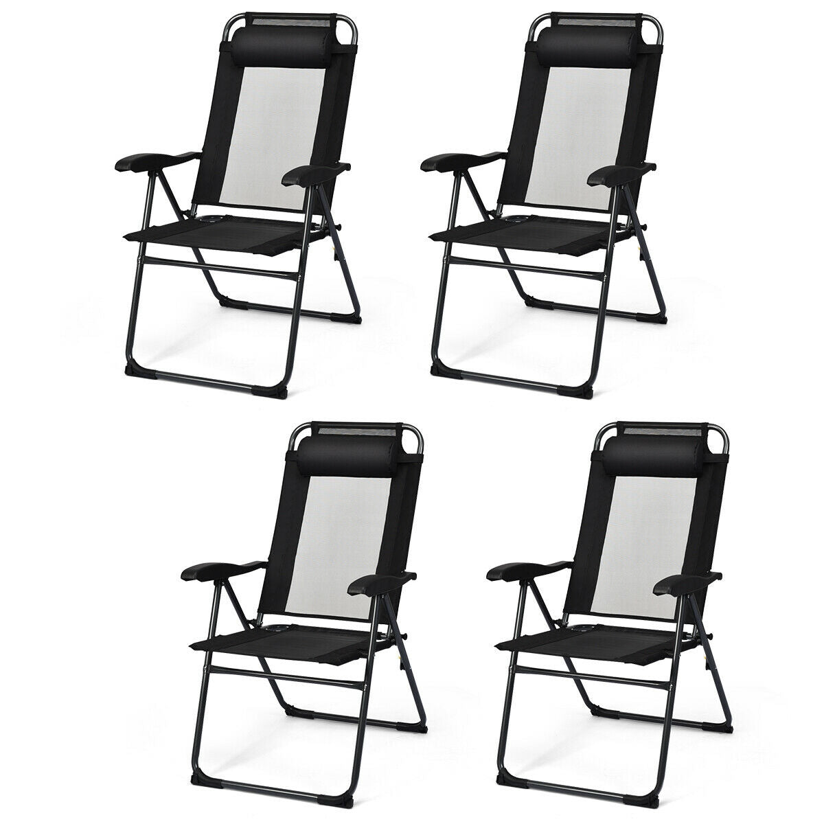 4 sillas plegables reclinables ajustables para jardín y patio con reposacabezas - Negras