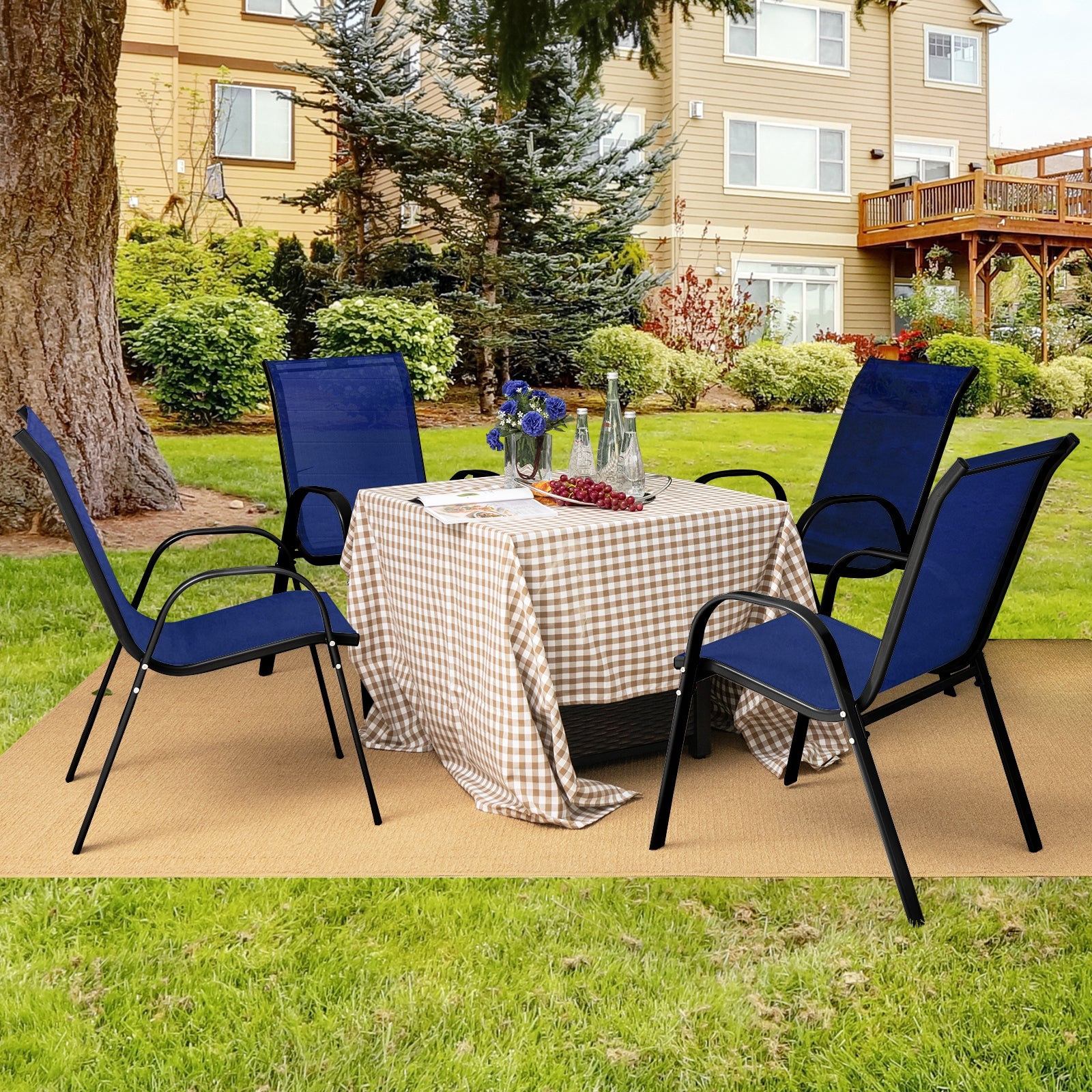 4 Pieces Stackable Patio Dining Chairs Set with Armrest-Navy - Tampa Home & Garden Store