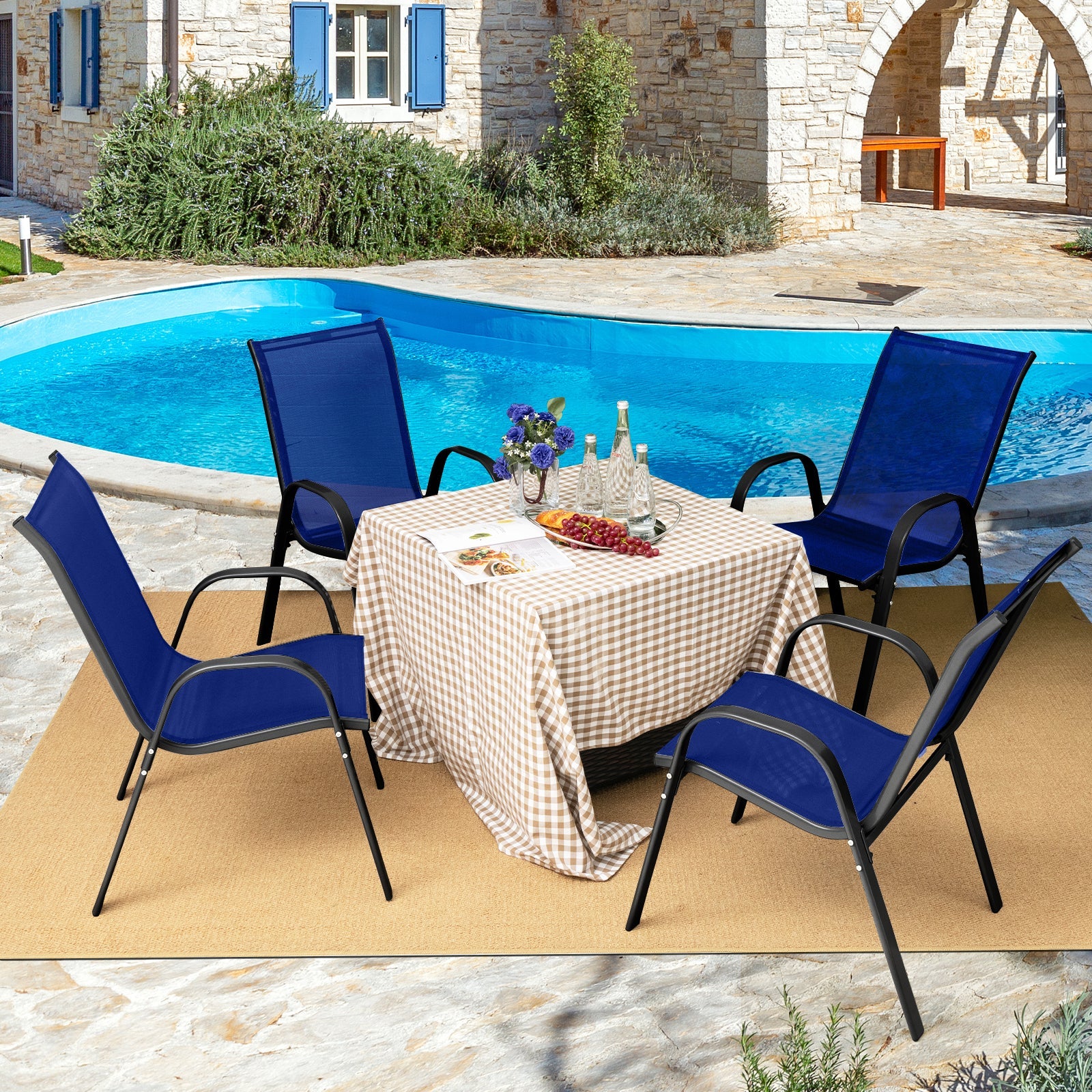4 Pieces Stackable Patio Dining Chairs Set with Armrest-Navy - Tampa Home & Garden Store