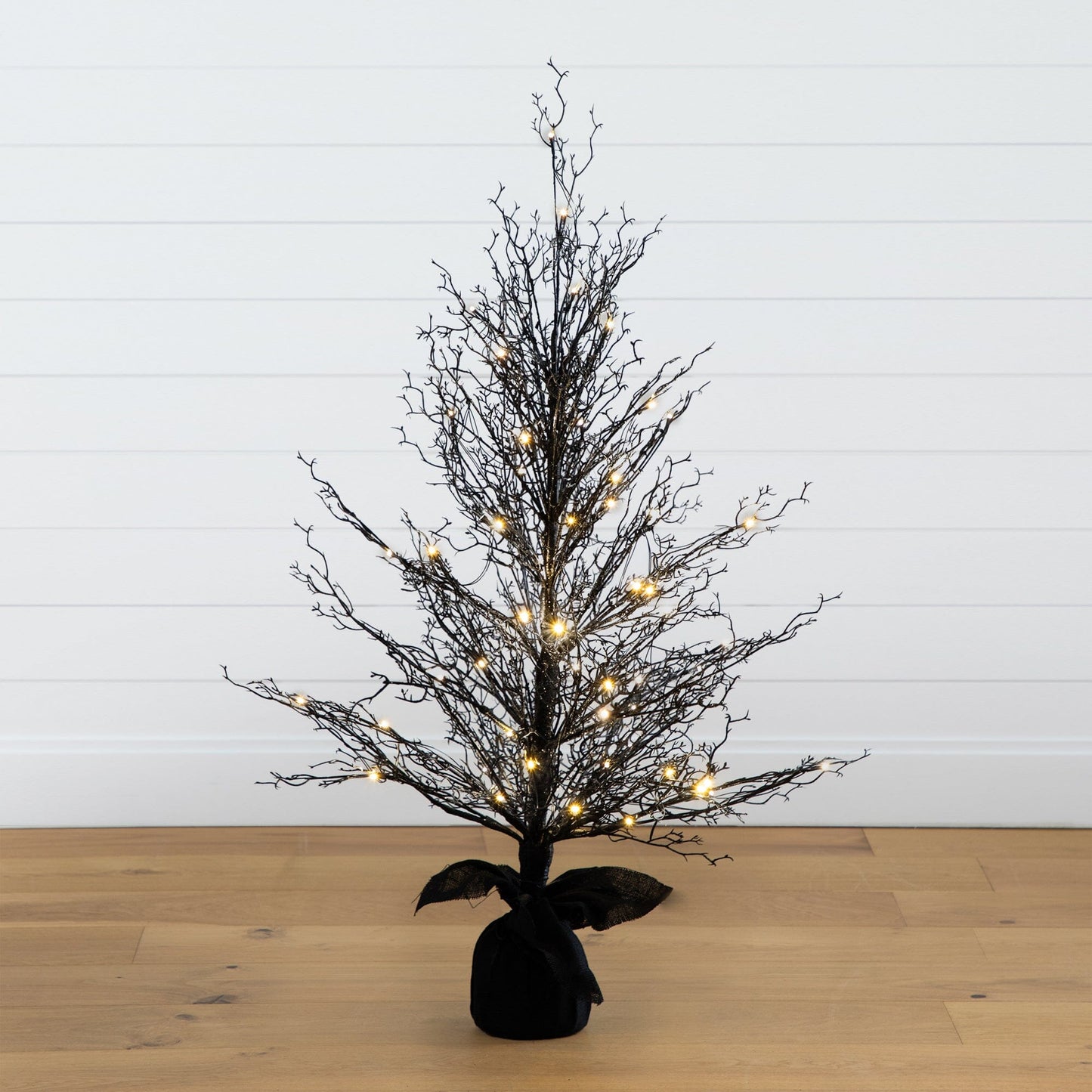 4’ Pre-Lit Halloween Black Twig Artificial Fall Tree in Burlap Planter with 63 Warm White LED Lights - Tampa Home & Garden Store