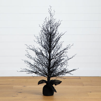 4’ Pre-Lit Halloween Black Twig Artificial Fall Tree in Burlap Planter with 63 Warm White LED Lights - Tampa Home & Garden Store