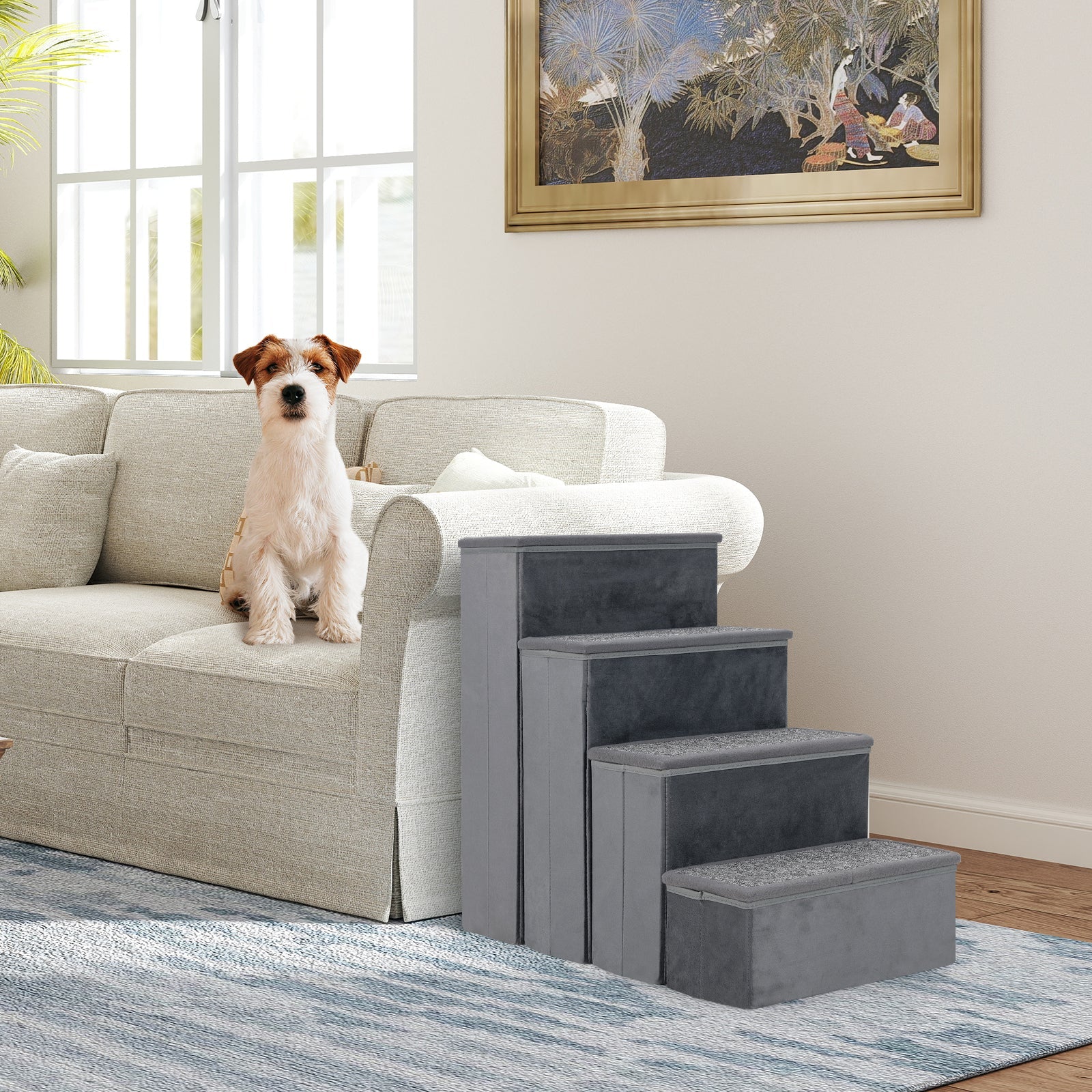 DirectDeals 4-Step Dog Stairs grey non-slip foldable pet steps for dogs beside sofa on Tampa Home & Garden Store