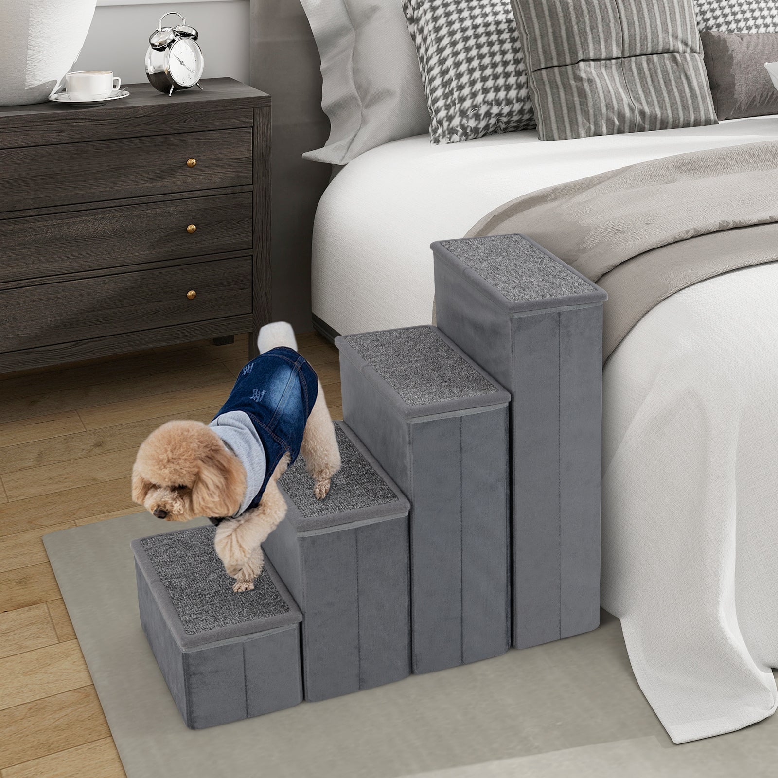 4-Step Dog Stairs Grey non-slip foldable with adjustable steps DirectDeals in bedroom on Tampa Home & Garden Store