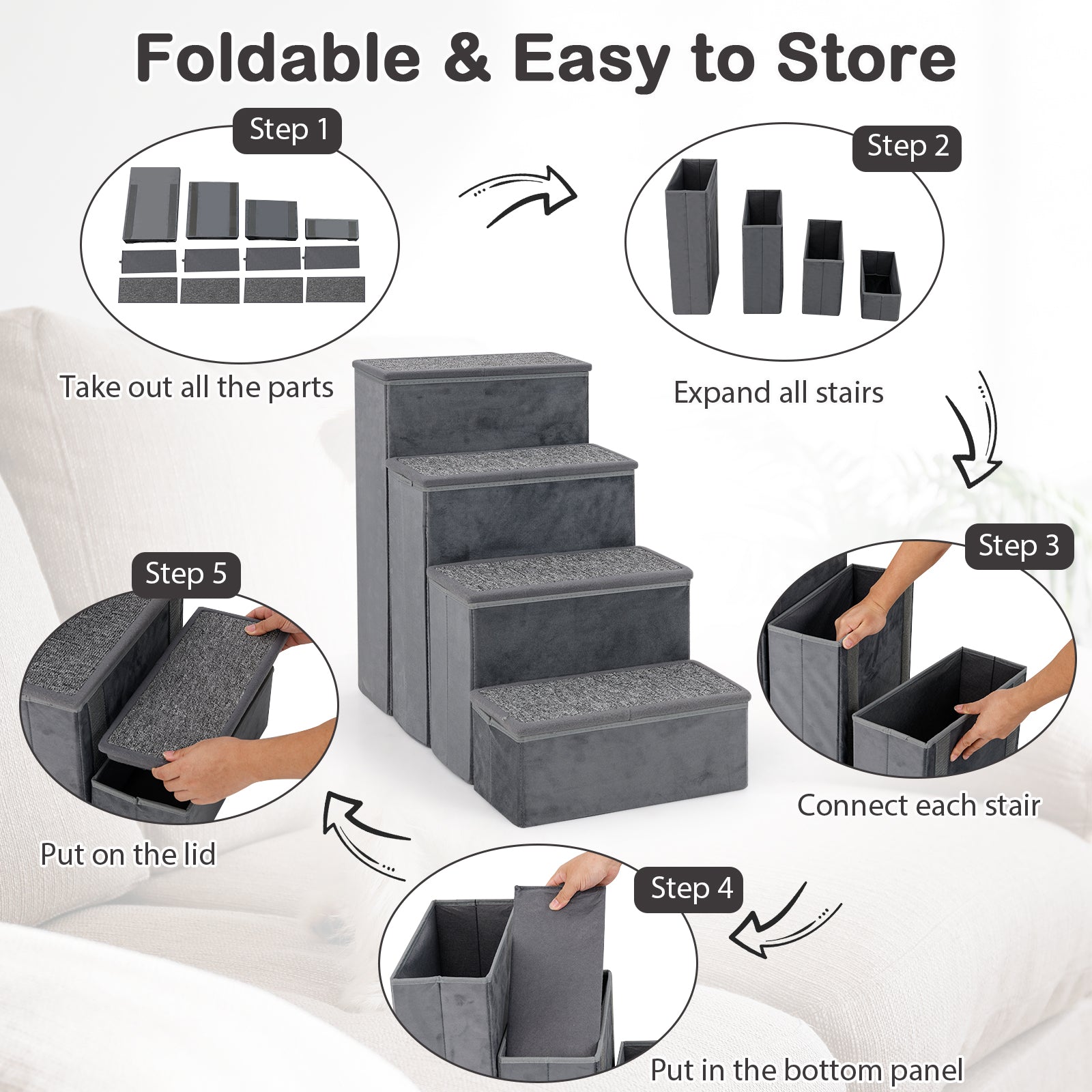 4-step dog stairs grey non-slip foldable by DirectDeals for pets on Tampa Home & Garden Store