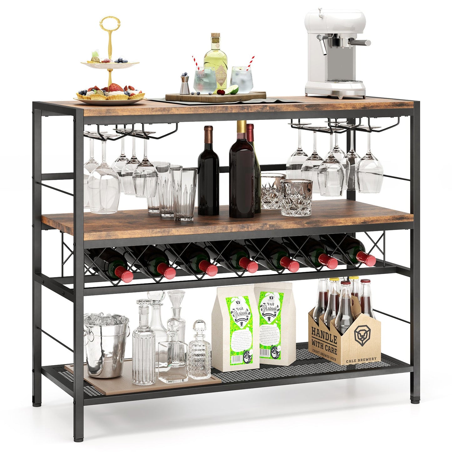 Mesa de bar de 41 pulgadas y 4 niveles con botellero y 4 filas de colgacopas - Marrón rústico