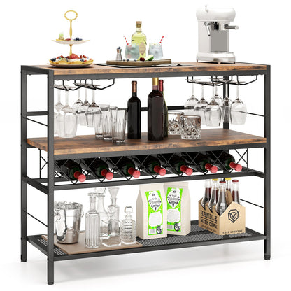 Mesa de bar de 41 pulgadas y 4 niveles con botellero y 4 filas de colgacopas - Marrón rústico