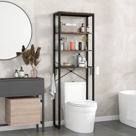 4 Tier Freestanding Toilet Storage Rack Brown wood shelves black metal frame DirectDeals Caddy on Tampa Home & Garden Store