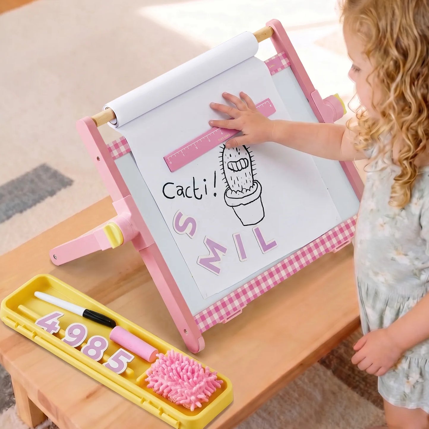 Tiny Land INC Double-Sided Magnetic Tabletop Easel for kids, pink frame with yellow tray on Tampa Home & Garden Store