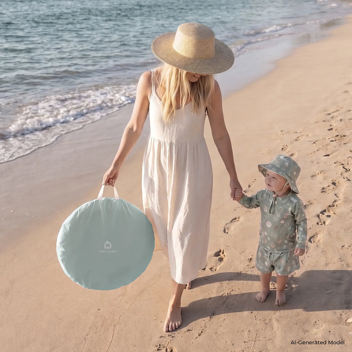 Tiny Land 3-in-1 Baby Beach Tent bag, round light-blue carry case with Tiny Land logo, on beach on Tampa Home & Garden Store