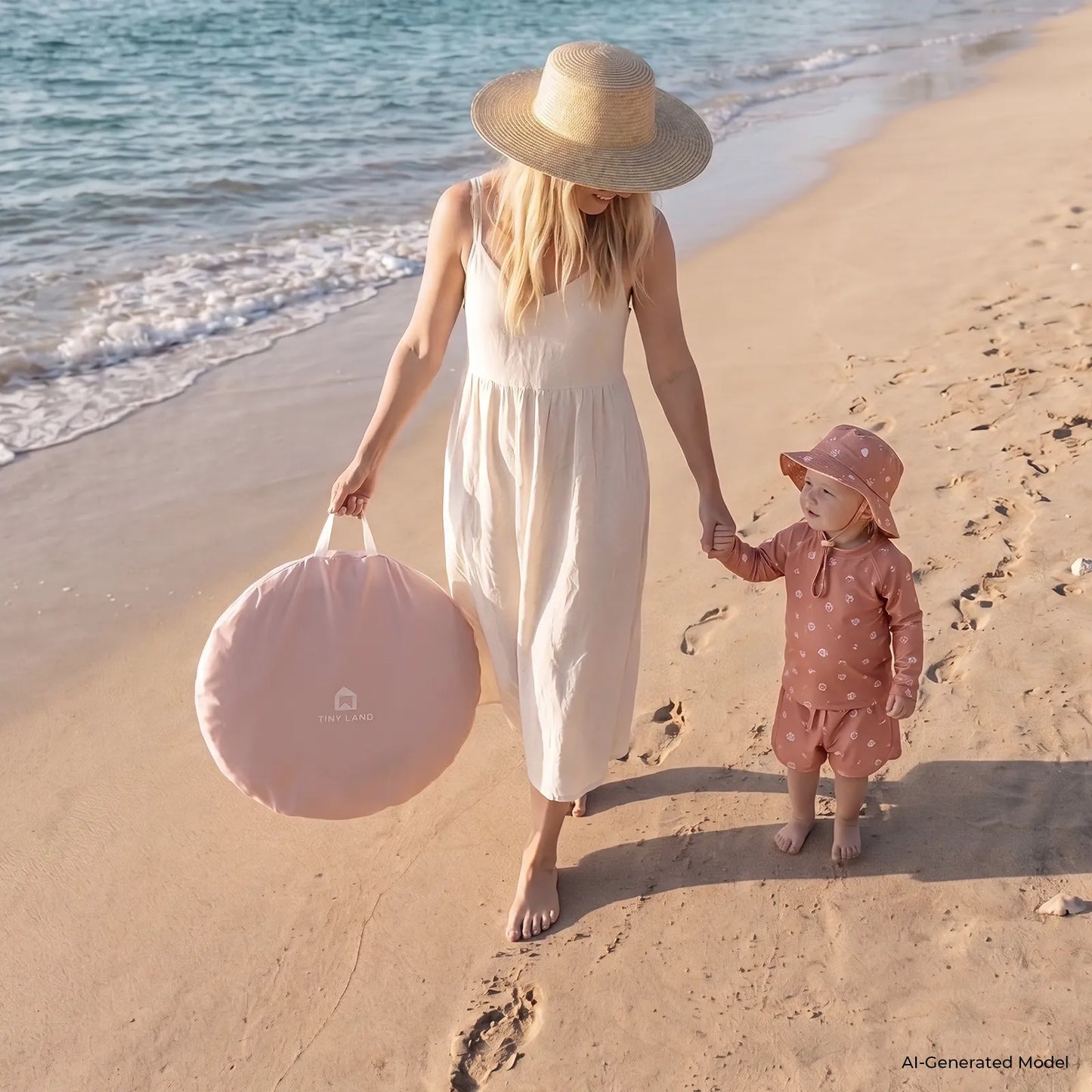 Tiny Land 3-in-1 Baby Beach Tent pink carrying bag with Tiny Land INC branding on beach with two people on Tampa Home & Garden Store