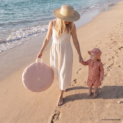 Tiny Land 3-in-1 Baby Beach Tent pink carrying bag with Tiny Land INC branding on beach with two people on Tampa Home & Garden Store