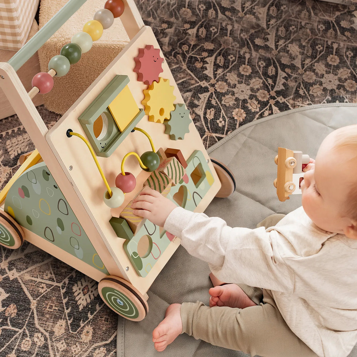 Tiny Land Sage Green Wooden Baby Walker by Tiny Land INC with bead maze and sun shapes on Tampa Home & Garden Store