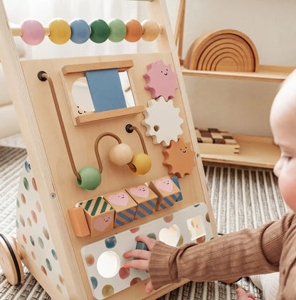 Tiny Land Versatile Natural Wooden Baby Walker with pastel bead maze and gears on natural wood finish on Tampa Home & Garden Store