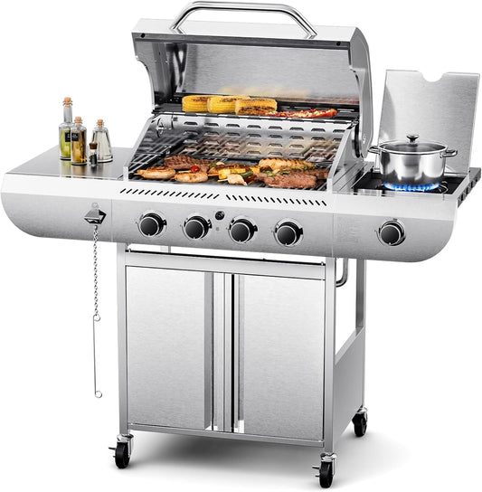4-Burner BBQ Propane Gas Grill, 42,000 BTU Stainless Steel Barbecue Propane Grill with Side Burner G0141B