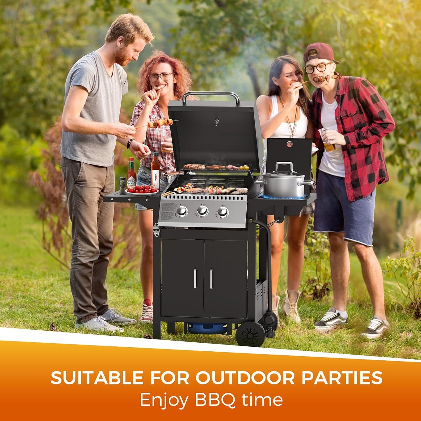 Parrillas de gas propano de 3 y 4 quemadores con quemadores laterales para cocinar al aire libre, barbacoas, patios y campamentos. 