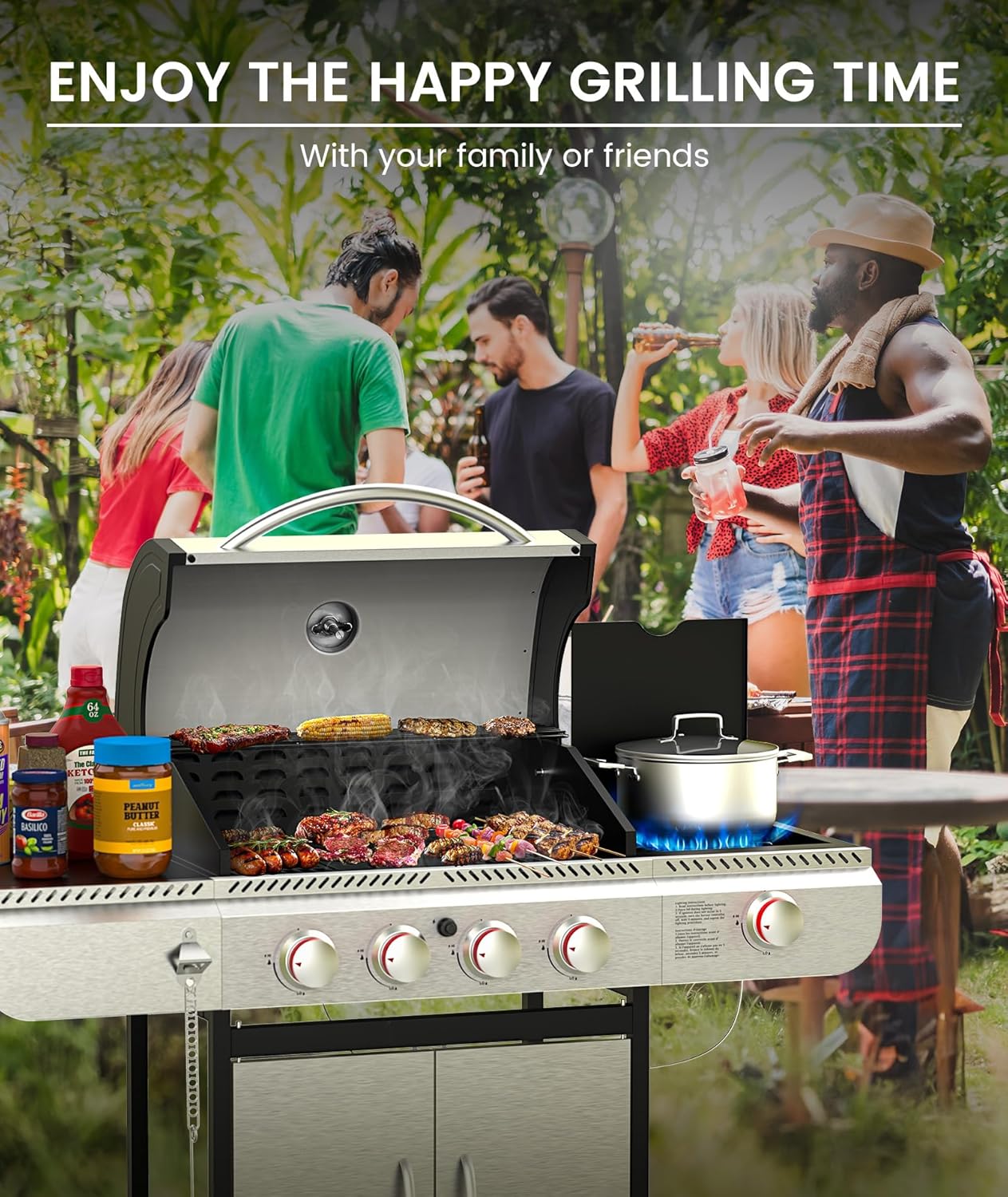 Parrillas de gas propano de 3 y 4 quemadores con quemadores laterales para cocinar al aire libre, barbacoas, patios y campamentos. 