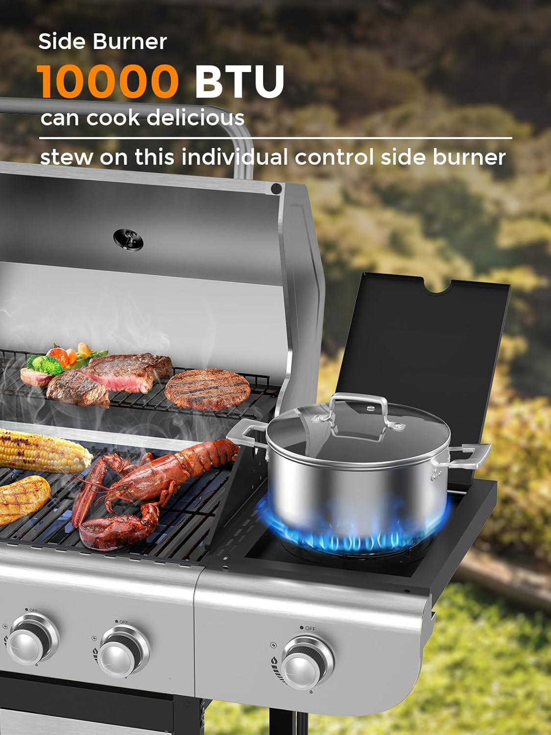 Parrillas de gas propano de 3 y 4 quemadores con quemadores laterales para cocinar al aire libre, barbacoas, patios y campamentos. 