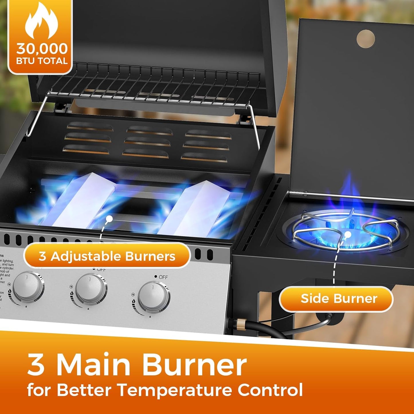 Parrillas de gas propano de 3 y 4 quemadores con quemadores laterales para cocinar al aire libre, barbacoas, patios y campamentos. 