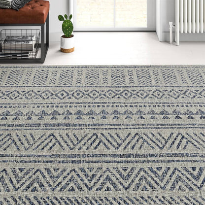 4 ft. x 6 ft. Blue Grey Chevron Coastal Boho Style Indoor Outdoor Area Rug - Tampa Home & Garden Store