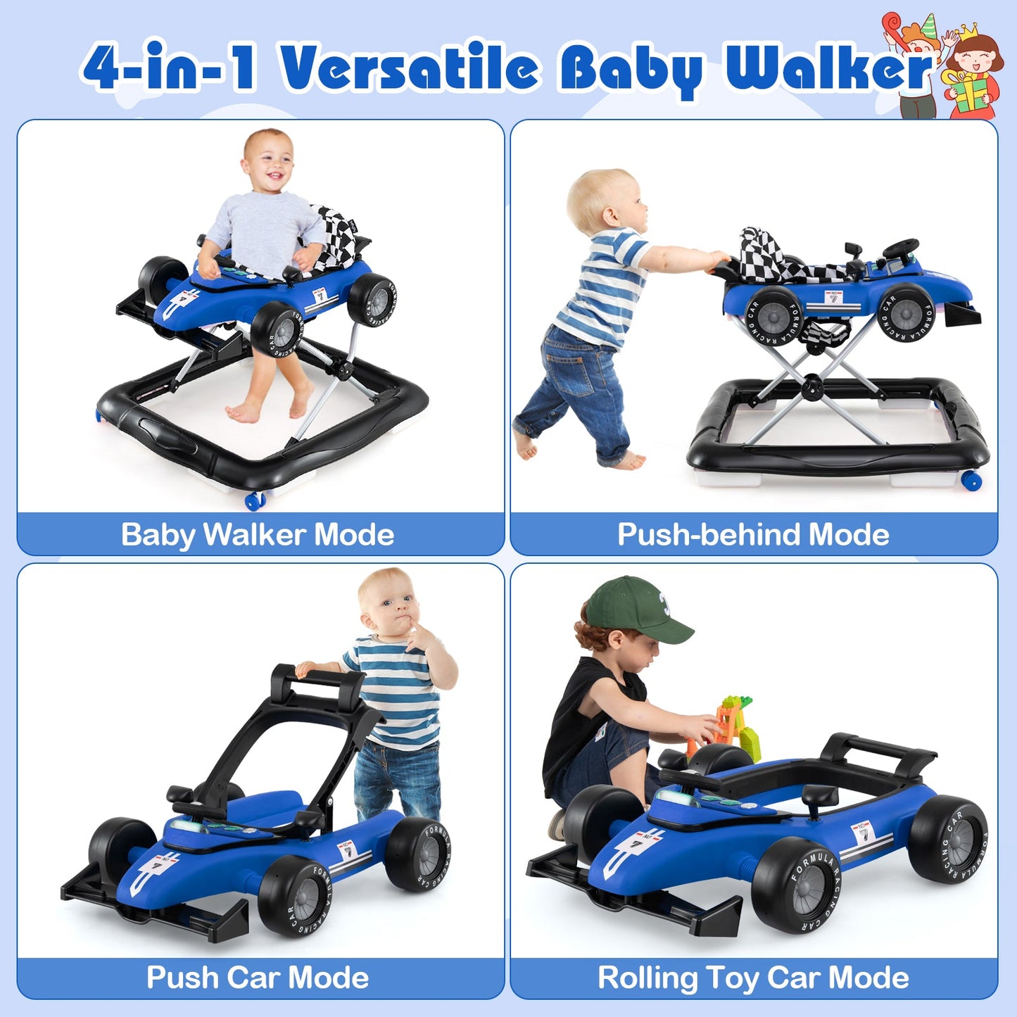 4-in-1 Baby Push Walker Activity Center Height Adjustable with Music Box