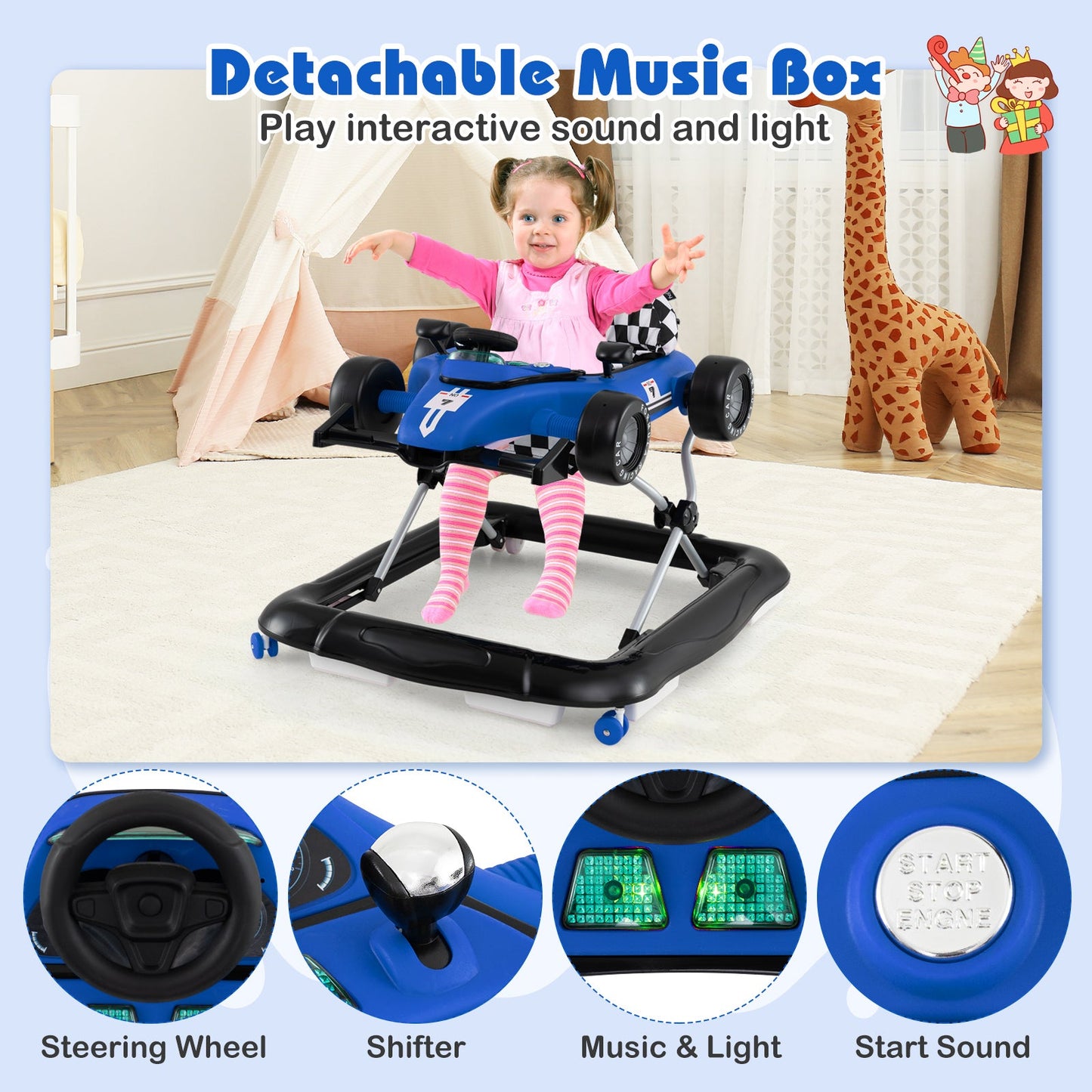 4-in-1 Baby Push Walker Activity Center Height Adjustable with Music Box