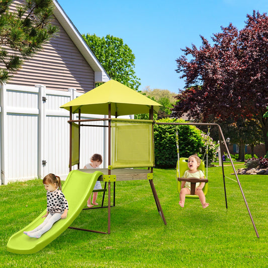 4-in-1 Swing Set with Covered Playhouse Fort and Height Adjustable Baby Seat-Green - Tampa Home & Garden Store