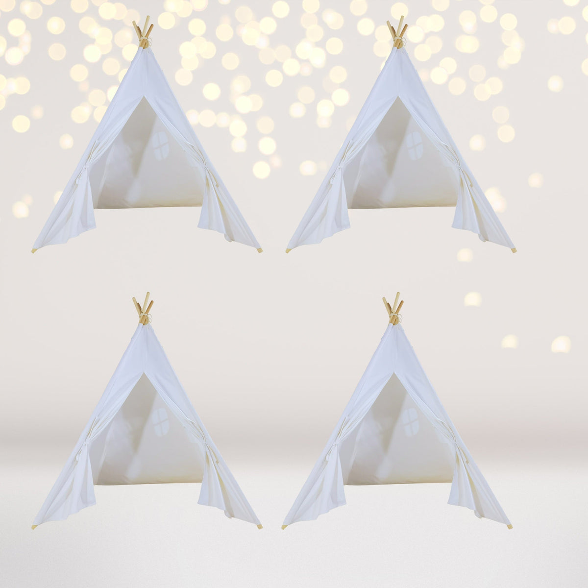4-pack kids sleepover teepee tents with lights, white fabric and wood poles on Tampa Home & Garden Store