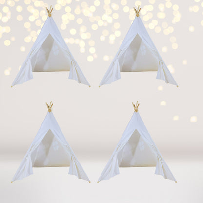 4-pack kids sleepover teepee tents with lights, white fabric and wood poles on Tampa Home & Garden Store