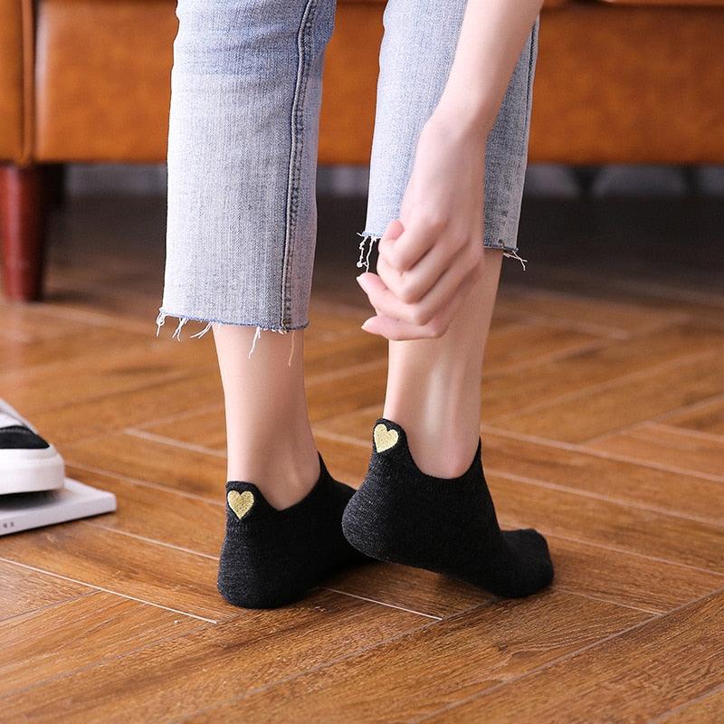 4-pair Stevvex black cotton ankle socks with gold heart embroidery at heel for women on Tampa Home & Garden Store