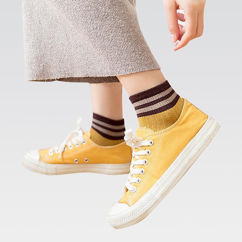 Stevvex ankle socks four-pair cotton set with brown striped cuffs on Tampa Home & Garden Store