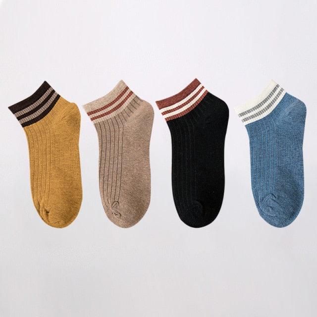 Stevvex 4-pair ankle socks set in mustard yellow, beige, black, blue with striped cuffs on Tampa Home & Garden Store