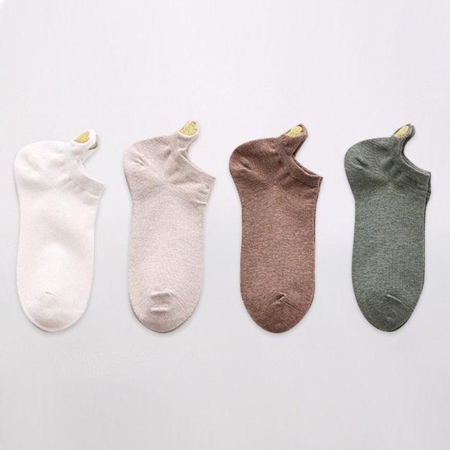 4-pair cotton ankle socks set in white, light pink, brown, and olive with heart embroidery on Tampa Home & Garden Store