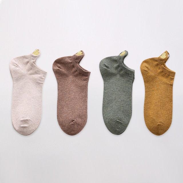 Stevvex ankle socks 4-pair cotton no-show set beige brown gray mustard heart embroidery on Tampa Home & Garden Store