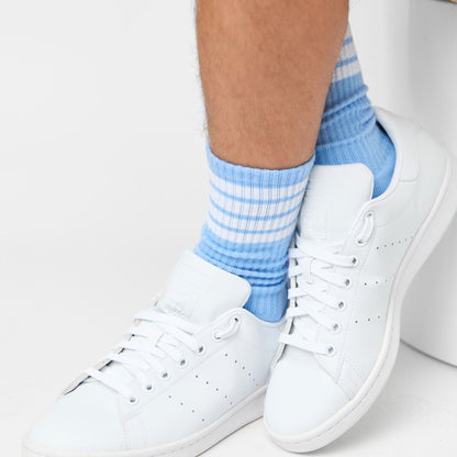 DeadSoxy 4 Stripe Casual Crew Socks 2-Pack blue striped crew socks worn with white sneakers on Tampa Home & Garden Store