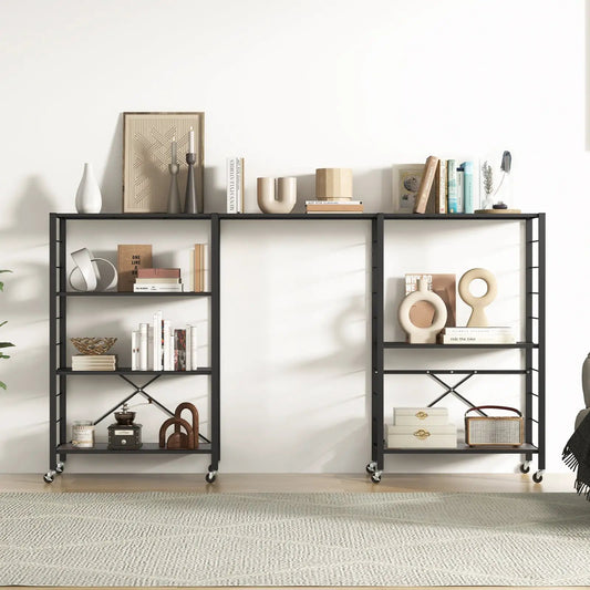 4-Tier foldable storage rack with wheels, black metal frame holding books and decor on Tampa Home & Garden Store