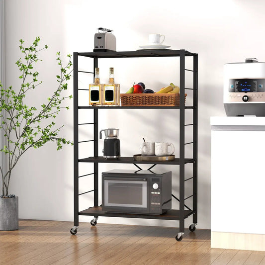 4-Tier Storage Rack with Wheels, black metal; toaster and two liquor bottles on shelf on Tampa Home & Garden Store