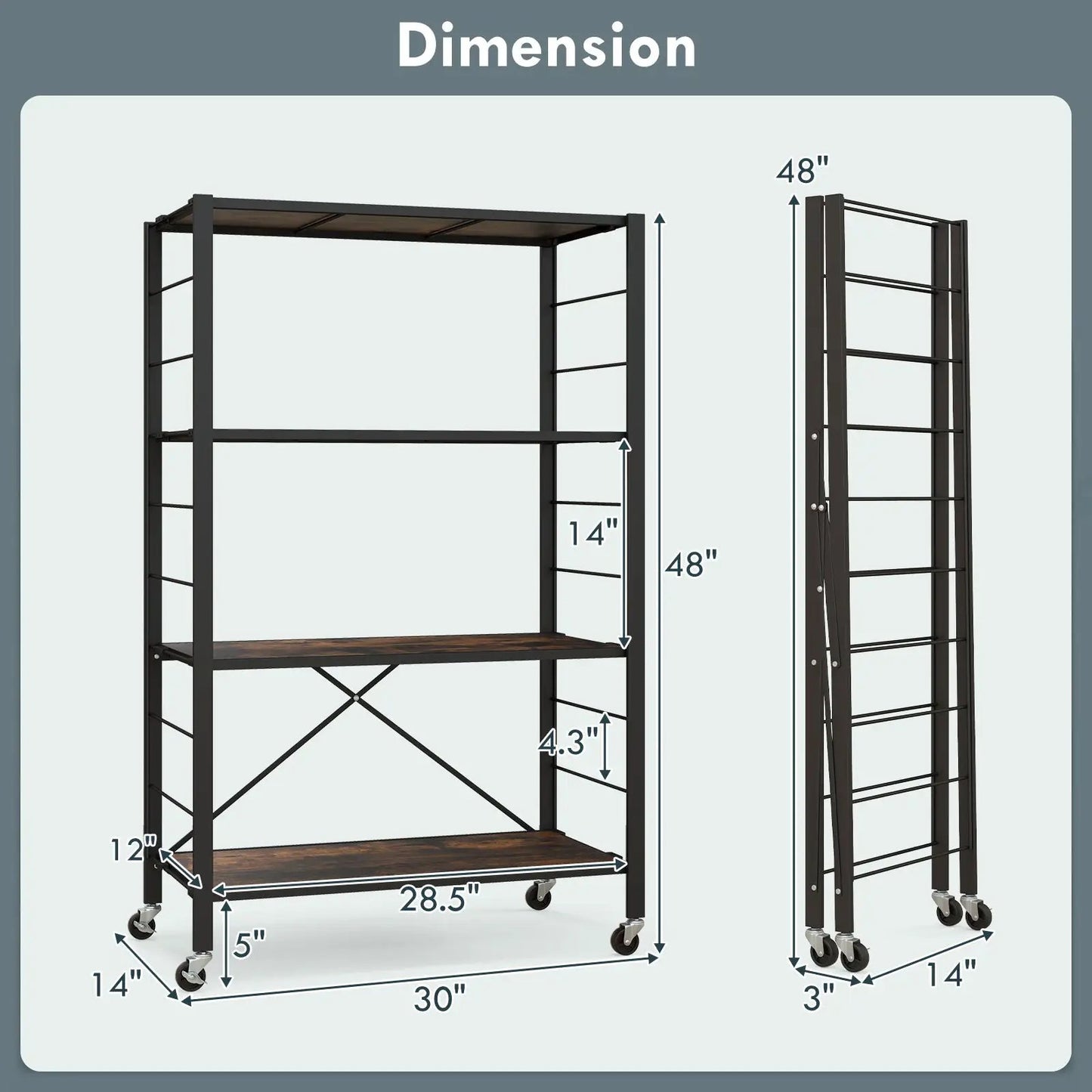 4 Tier Foldable Storage Rack with Wheels 180 lbs