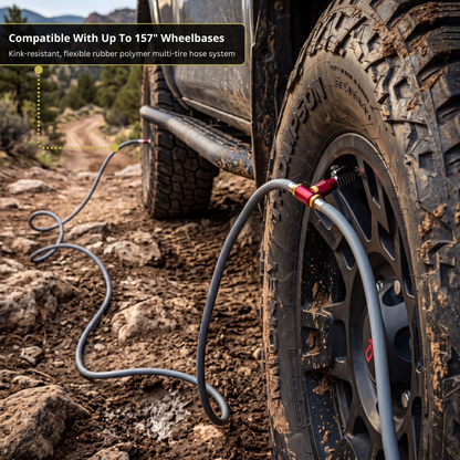 JACO 4-Tire Inflation/Deflation System with Lightning air chucks; hoses on muddy off-road tire on Tampa Home & Garden Store